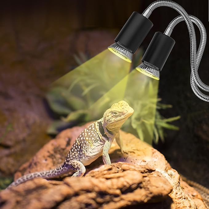 Reptile Heat Lamp,Double-Head Heating Lamp for Reptiles, UVA/B Turtle Lamp with Clamp, Separate Control, Turtle Light,Basking Light for Reptiles Bearded Dragon Turtle Snake, 3 Basking Bulbs. ZJNBMTFY