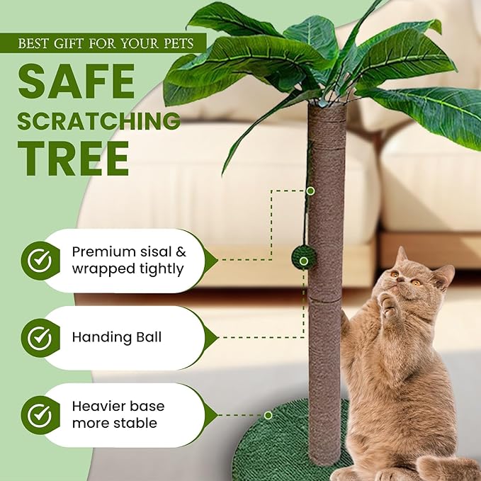 MAMONI Palm Tree Cat Scratching Post for Indoor Cats, 33" Tall Cat Scratching Post with Sisal Rope, Cute Premium Kitten Scratching Post with Hanging Ball - PAWPICO