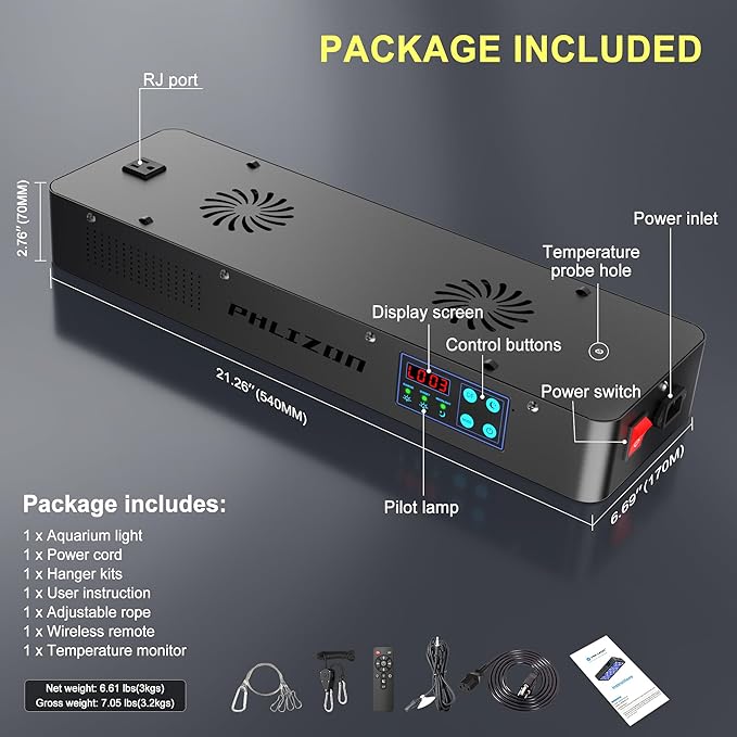 Phlizon Timer Control Dimmable 165W LED Aquarium Light with Temperature Monitor Full Spectrum Fish Tank Light for Grow Coral Reef Marine Fish Tank LPS/SPS Phlizon