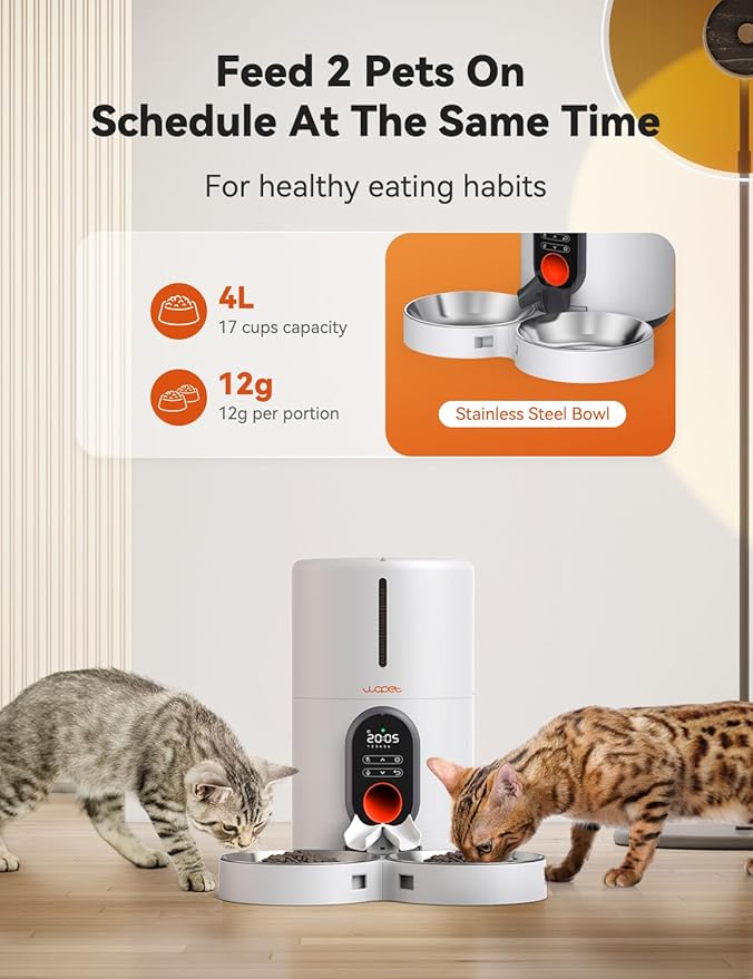 WOPET Automatic Cat Feeders 2 Cats-(๐ฎ๐ฌ๐ฎ๐ฐ ๐จ๐ฝ๐ด๐ฟ๐ฎ๐ฑ๐ฒ) Timed Cat Feeder with Stainless Steel Bowl, Programmable 1-6 Meals Control, Dual Power Supply Auto Pet Feeder for Cats and Dogs - PAWPICO