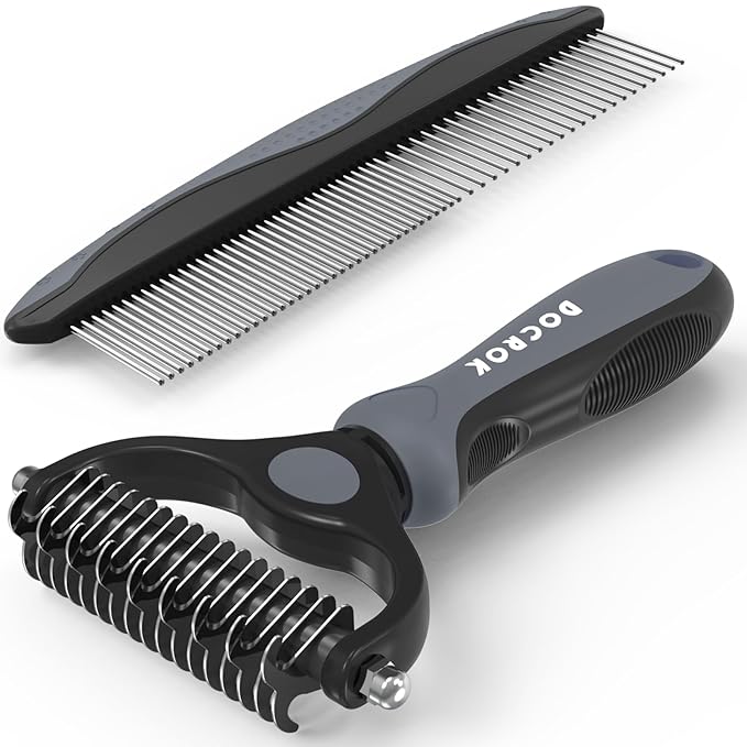 Pet Grooming Brush and Metal Comb Combo, Cat Brush Dog Brush for Shedding, Undercoat Rake for Dogs Grooming, Dematting Deshedding Brush Dogs Shedding Tool for Long matted Haired Pets, Gray - PAWPICO