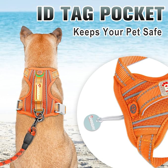 BARKBAY No Pull Dog Harness Large Reflective Dog Harness with Front Clip and Easy Control Handle for Walking Training Running with ID tag Pocket(Orange,L) BARKBAY