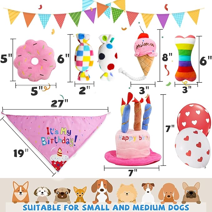 Dog Birthday Toys, Birthday Gift for Dogs, Happy Birthday Dog Toy Girl, Squeaky Plush Birthday Cake Hat Bandana for Dog Birthday Party, Birthday Gift for Small & Medium Dog, 9 Pack Pink - PAWPICO
