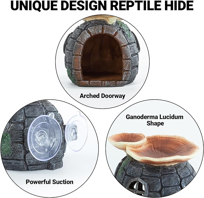 REPTI ZOO Reptile Hide, Multifunctional Reptile Hides with Suction Cup, Resin Reptile Hides, and Caves for Reptiles, Gecko, Lizard (Ganoderma Lucidum Shape) REPTIZOO