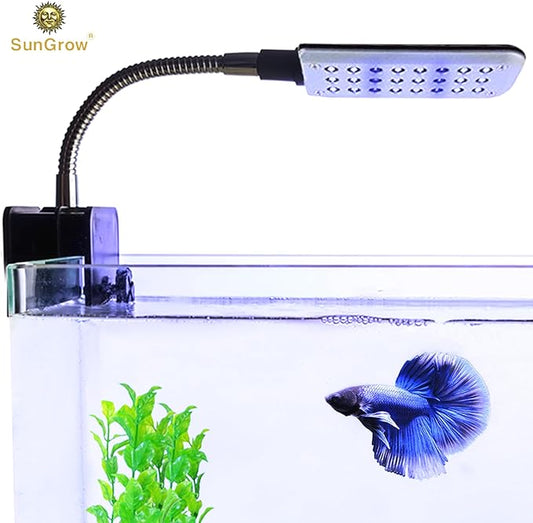 SunGrow LED Aquarium Light for Fish Tank, 24 LEDs, White & Blue Adjustable 360° Flexible Metal Arm Small Aquarium LED Light for Nano Tank, Install on Dog & Cat Crate for Security, Kitten & Puppy Care SunGrow