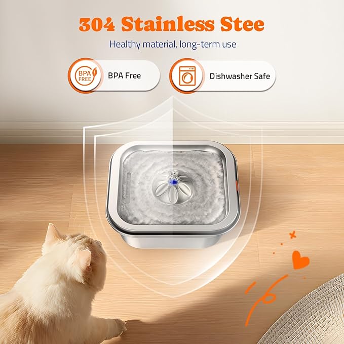 Cat Water Fountain Stainless Steel: 4L/140oz Pet Fountain Water Bowl Indoor, Automatic Dog Drinking Dispenser, Cat Feeding Watering Supplies, Metal Kitty Waterer Fountain, 10 Replacement Filters - PAWPICO