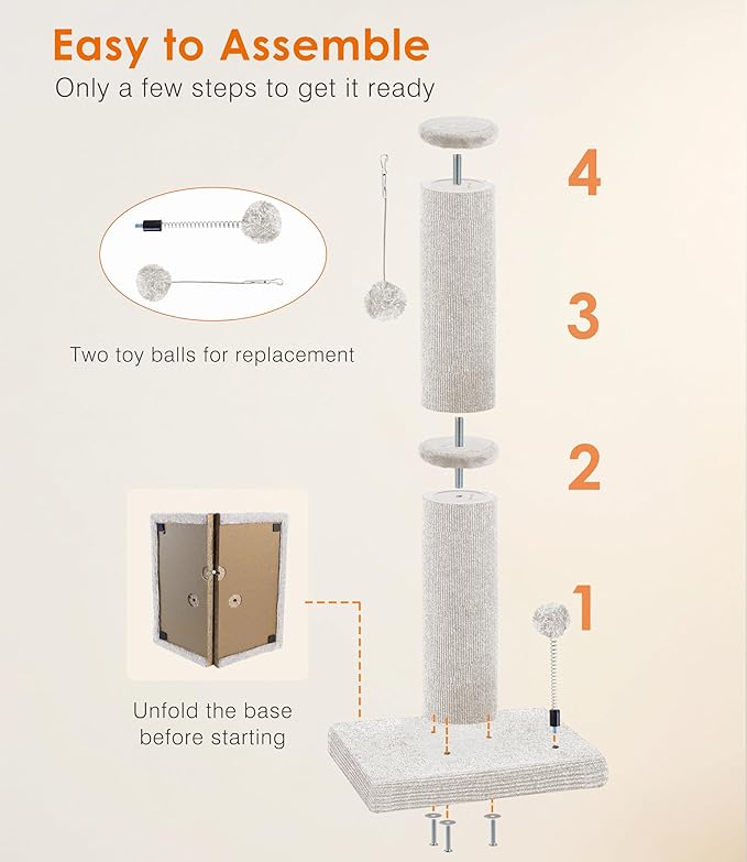 Carpet Craft Cat Scratching Post Heavy Duty for Indoor Large Cats and Adult Cats,Tall and Thicked Cat Scratch Post,Carpet Cat Tree Tower Scratcher with Interactivity Balls,Beige - PAWPICO