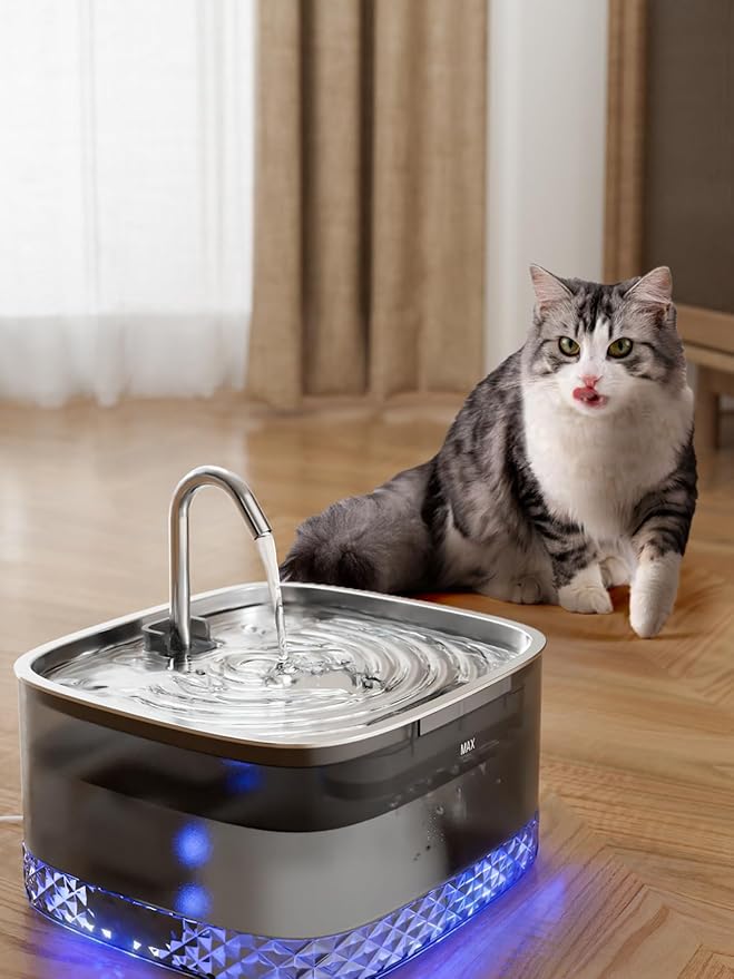 Cat Water Fountain: 75oz/2.2L Automatic Pet Water Dispenser for Cats, 304 Stainless Steel Faucet & Lid Cat Water Bowl Dispenser, Super Silent Pet Water Fountain for Cats Inside, Pump with LED Light - PAWPICO