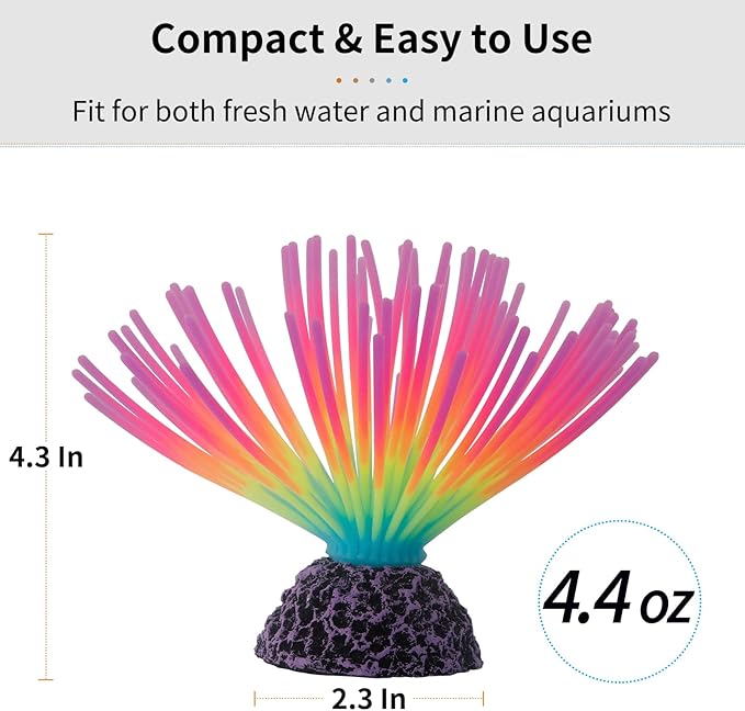 Uniclife Aquarium Imitative Rainbow Sea Urchin Ball Artificial Silicone Ornament with Glowing Effect for Fish Tank Landscape Decoration UnicLife