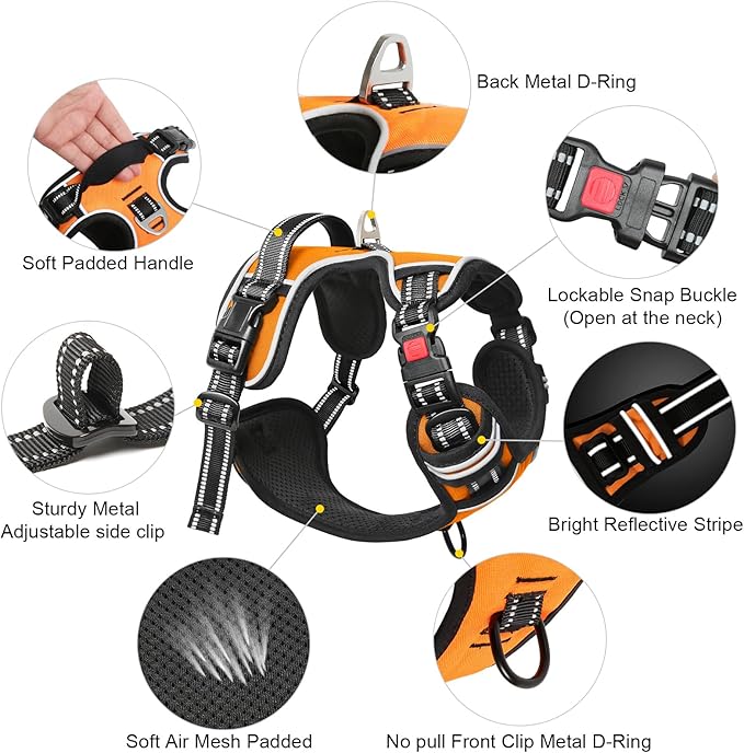 Timos Dog Harness Medium Sized, No Pull Dog Harness with Neck Lockable Snap,No Choke Front Clip Dog Reflective Harness,Adjustable Metal Rings 3 Buckles,Easy Control Handle for Medium Dogs Orange M Timos