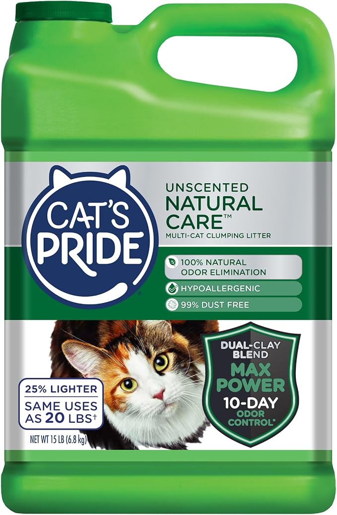 Cat's Pride Max Power: Natural Care - Up to 10 Days of Powerful Odor Control - 100% Natural Odor Elimination - Hypoallergenic - 99% Dust Free - Multi-Cat Clumping Litter, Unscented, 15 Pounds - PAWPICO