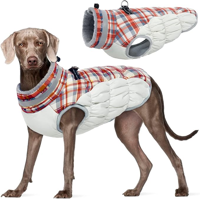 FUAMEY Dog Winter Coat,Dog Jackets with Harness Built in Dog Cold Weather Coats Dog Paded Vest Dog Apparel with Zipper on Back Pet Reflective Clothes for Small Medium Large Dogs Red Plaid XXL - PAWPICO