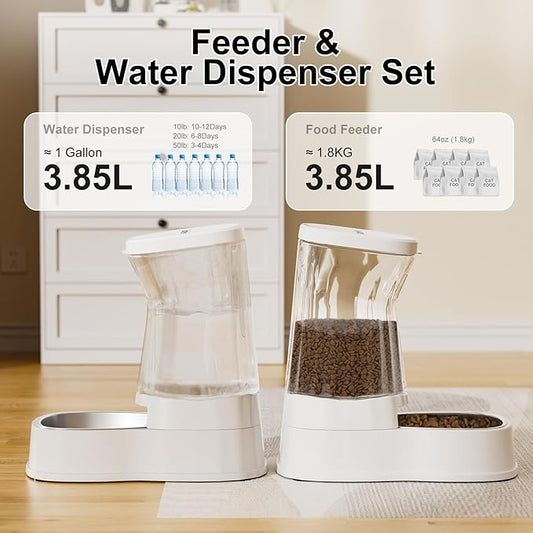 Automatic Pets Gravity Feeder and Water Dispenser Set, 1Gallon x 2 Stainless Steel Food Feeder and Waterer, 100% BPA-Free Water Bowl Dispenser for Small&Medium Dogs, Cats, Puppies(White) - PAWPICO