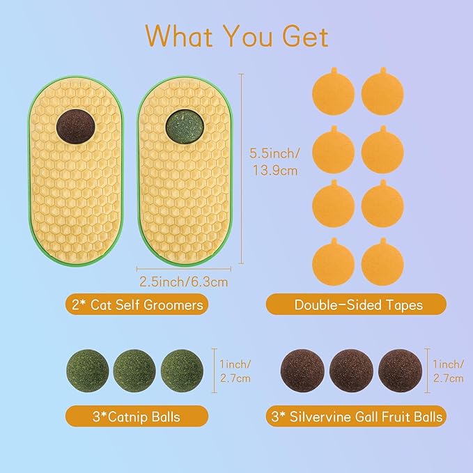 SEVENKA 2 Cat Toys Self-Grooming Cat Brush with 3 Catnip Balls & 3 Gall Fruit, Kitty Kitten Scratcher Self Groomer Catnip Toys for Indoor Cats, Chew Toys Wall Corner Brushes Edible Wall Treats, Yellow - PAWPICO