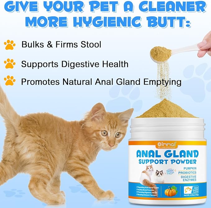 Anal Gland Support Powder for Cats, Anal Gland Supplement Powder with Pumpkin and Probiotics Supports Cats Anal Gland Health, Pet Supplement Anal Gland Support Powder Treatment for Cats - 120g PAWPICO