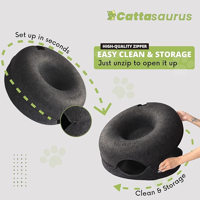CATTASAURUS Peekaboo Cat Cave for Multiple & Large Cats Up to 30-45 Lbs, Scratch Detachable & Washable Tunnel Bed, Comfy Donut Cat Cave (Dark Gray, Large) - PAWPICO