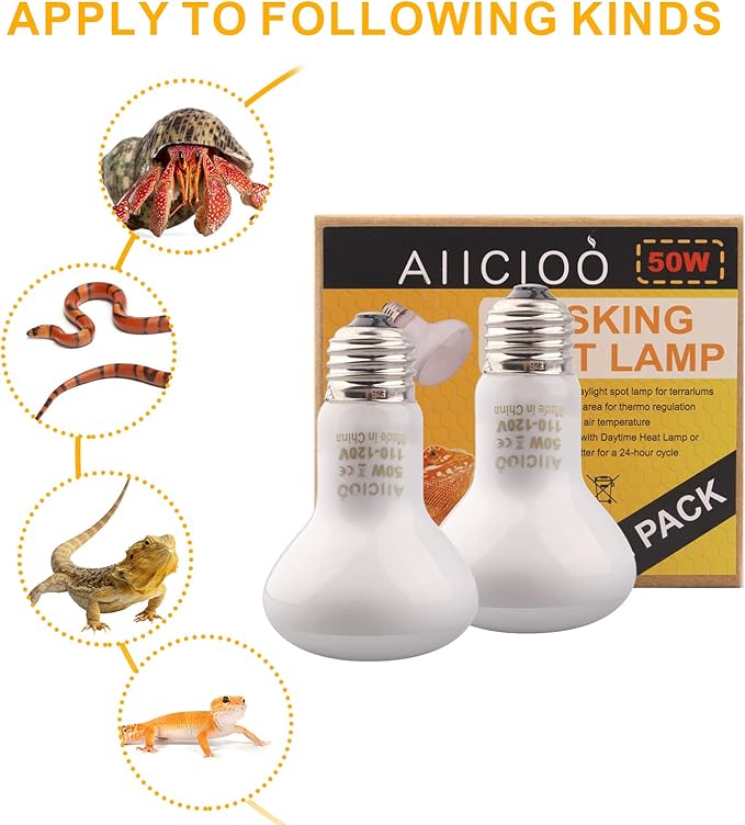 Aiicioo Reptile Basking Light Bulb - 50W Reptile Heat Lamp 2 Pack UVA Daylight Amphibians Basking Bulb for Bearded Dragon Turtle Hermit Crab Gecko Lizard Daylight AIICIOO