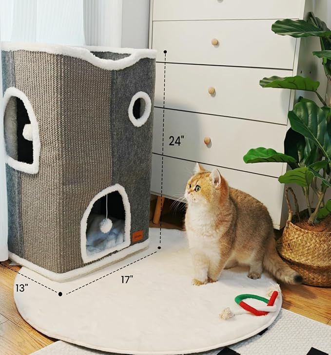 3-Level Cat House for Indoor Cats, Large Adult Cat Cave Bed Cats Cube House with Scratch Pad Cat Towers, Cute Kitten Condo Hideaway Hut with Soft Pillow Mat for Multi Pets Under 50 lbs - PAWPICO