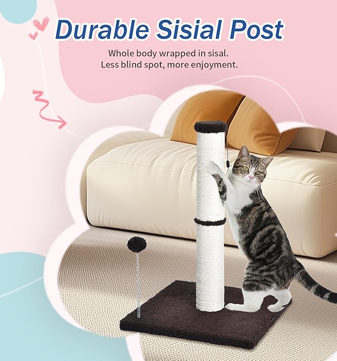 Cat Scratching Post Kitten Scratcher Sisal Scratch Posts Basic with Hanging Ball for Indoor Cats, Integrated Cat Toys, Brown - PAWPICO
