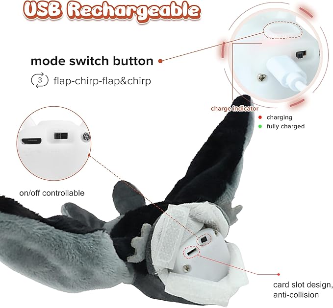Cat Toys Intelligent Flapping Bat, Hanging Interactive Cat Toys for Indoor Cats Chase Exercise, Suitable for Cat Teaser Stick, Vivid Chirping, 3 Modes, Rechargeable - PAWPICO