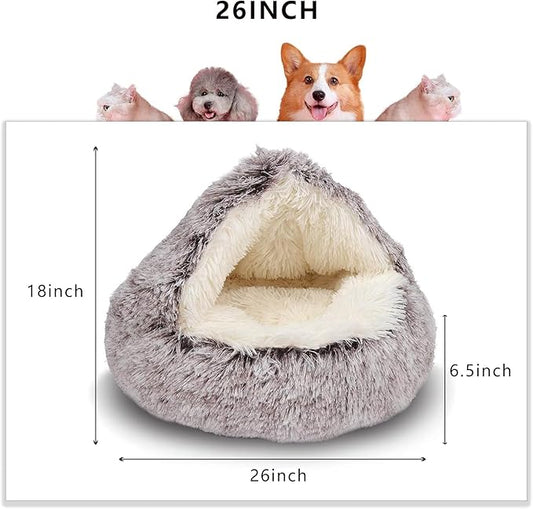 ShinHye Cat Bed Round Plush Fluffy Hooded Cat Bed Cave, Cozy for Indoor Cats or Small Dog beds, Soothing Pet Beds Doughnut Calm Anti-nxiety Dog Bed - Waterproof Bottom Washable (26×26inch, Coffee) - PAWPICO