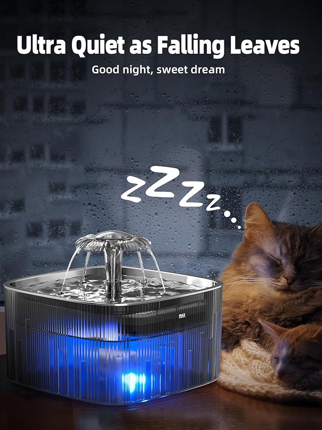 Cat Water Fountain: 75oz/2.2L Automatic Pet Water Dispenser for Cats with 304 Stainless Steel Water Tray, Musical Wave Design with LED Indicator Pet Water Fountain for Cats Inside - PAWPICO