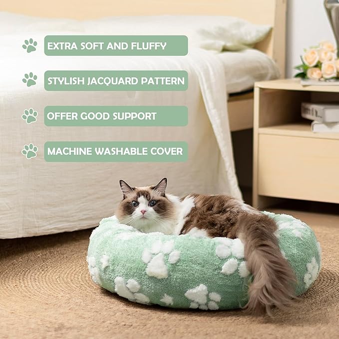 Donut Dog Beds for Medium Dogs, Calming Round Cat Beds for Indoor Cats, Cute 3D Textured Paw Pet Bed with Removable Washable Cover and Anti-Slip Bottom(Green,30") - PAWPICO