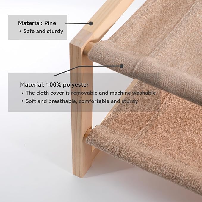 2 Tier Cat Hammock Bed, Elevated Wooden Pet Bunk Beds for Indoor Cats, Double Wooden Cat Bed, Solid Wood Raised Hanging Bed for 1 or 2 Cats Breathable Washable Covers - PAWPICO
