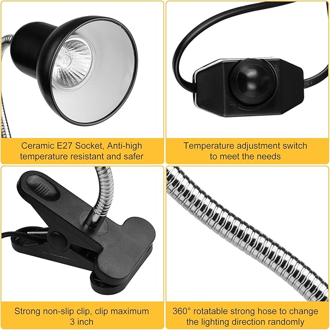 Dallfoll Reptile Heat Lamps, Turtle Lamp UVA/UVB Turtle Aquarium Tank Heating Lamps with Clamp, 360°Rotatable Basking Lamp for Reptiles Lizard Turtle Snake with 2 Heat Bulbs (Heat Lamp 25w/50w Bulb) Dallfoll