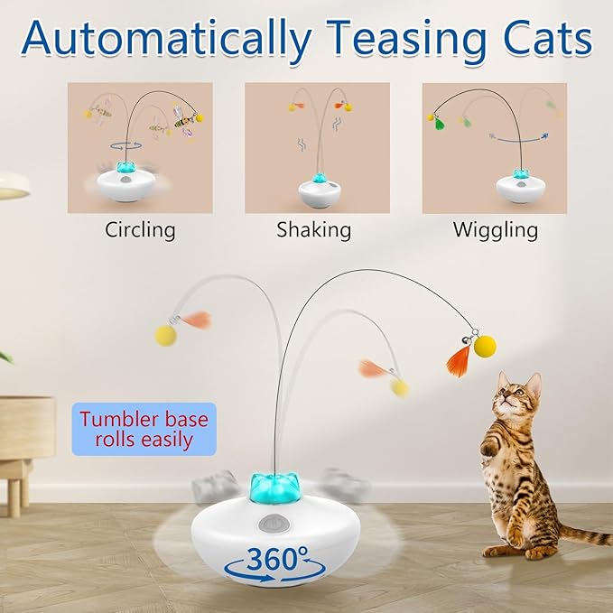 Interactive Cat Toys Cat Exercise Tumbler, Rechargeable Cat Toys for Indoor Cats Spin Butterfly Game Teasing Kitty, Extra Long Feather Wand (P33 cat Toys) - PAWPICO