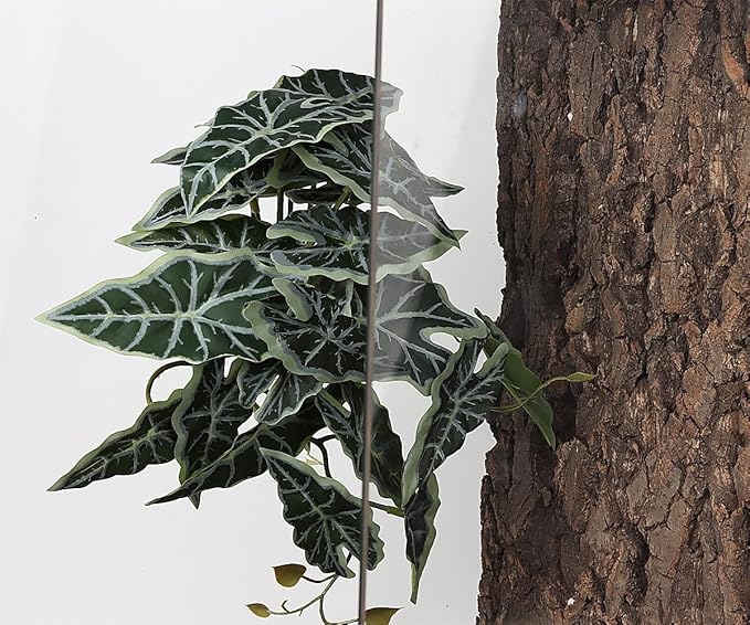 Reptile Plants for Terrarium, Amphibian Habitat Decor Artificial Hanging Plants with Suction Cup - Fake Alocasia Black Velvet WOLEDOE