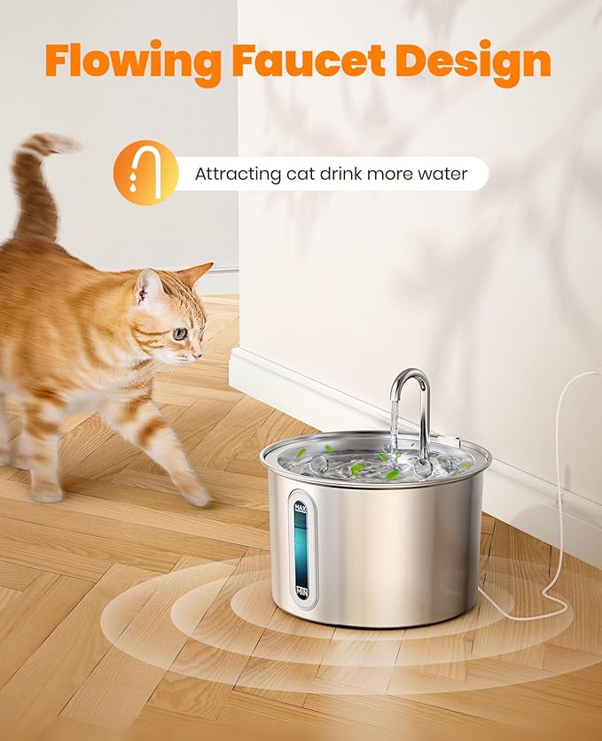 oneisall Stainless Steel Cat Water Fountain, 2L Water Fountains for Cats Indoor with Quiet Pump and 3 Replacement Filters, Pet Water Fountain Faucet Spout Design Cat Fountain Drinking Inside, PWF 001 - PAWPICO