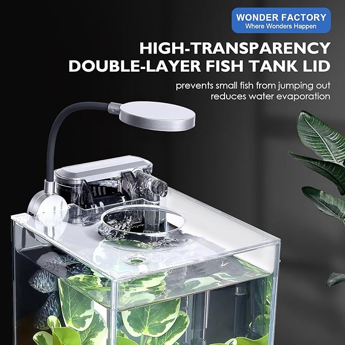 1.5 Gallon Aquarium Betta Fish Tank Starter Kit, Self Cleaning Filter HD Float Glass Small Fish Bowl Light Rocks Gravel Plants Cleaning Tool Set, Beginner's Gift for Snails, Guppy, Shrimp WONDERFACTORY