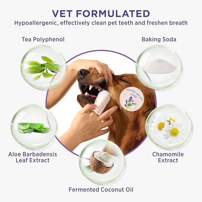 HICC Pet Teeth Cleaning Wipes for Dogs & Cats, Remove Bad Breath by Removing Plaque and Tartar Buildup, Disposable Dog Finger Toothbrush Gentle Pet Dental Care Wipes, 50 Counts, (Mentha Spicata Scent) HICCPET