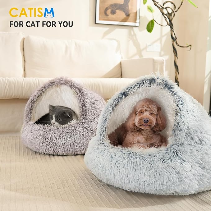 CATISM Cat Bed, Plush Hooded Cat Beds for Indoor Cats, Calming Cat Nest, Self Warming Cat Bed Cave, Cozy Cat Pod for Indoor Cat or Small Dog, Removable Washable Cat Cove with Non-Slip Bottom - PAWPICO