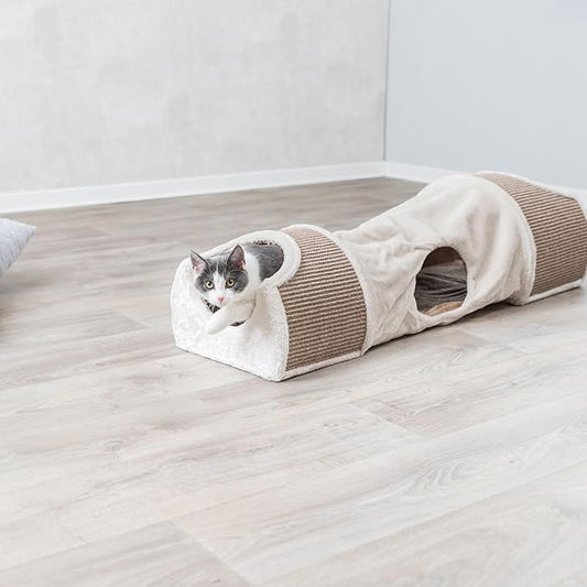 TRIXIE Cat Tunnel for Indoor Cats - Cozy Peekaboo Cat Cave Including Dangling Cat Toys - with Sturdy Sisal Scratching Surfaces - Collapsable and Easy to Store Cat Tube - in Cream - PAWPICO