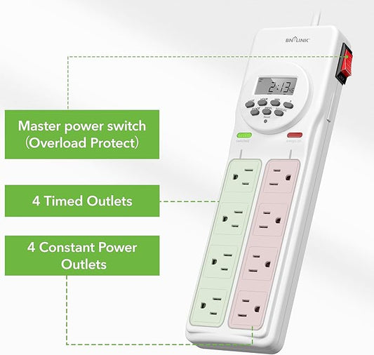 BN-LINK 8 Outlet Surge Protector with 7-Day Digital Timer (4 Outlets Timed, 4 Outlets Always On) - White BN-LINK