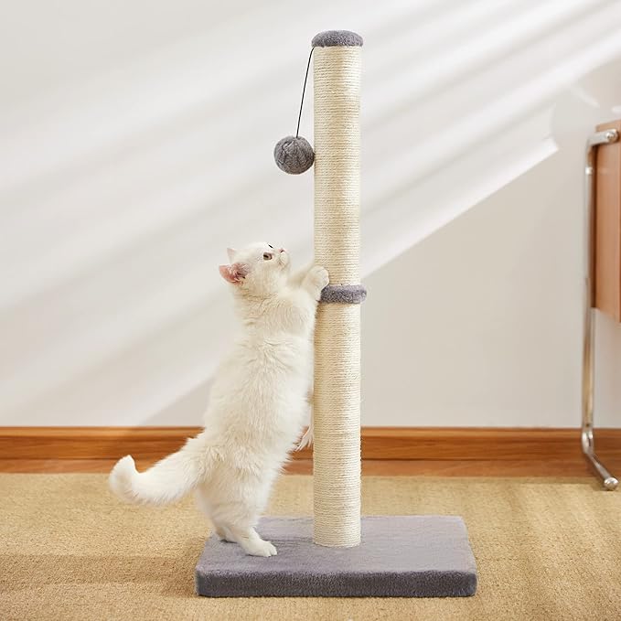 MeowHomm 32'' Tall Cat Scratching Post Cat Scratcher with Hanging Ball, Durable Cat Scratching Post for Indoor with Sisal Rope (Gray) - PAWPICO
