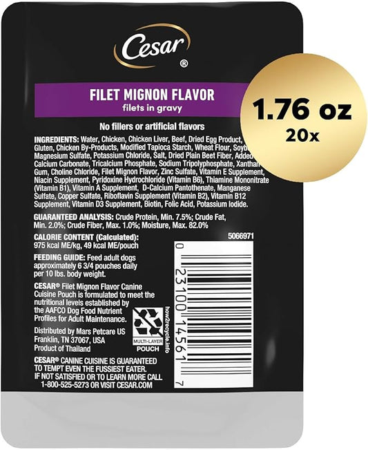 Cesar Filets in Gravy Wet Dog Food Filet Mignon Flavor, 1.76 oz. Mini-Pouch, 20 Pack - PAWPICO