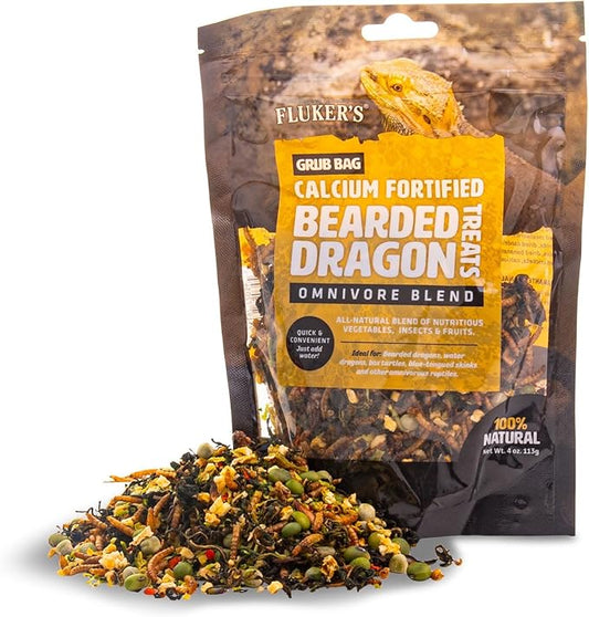 Fluker's Grub Bag Calcium Fortified Treats, All Natural Omnivore Blend Packed with Protein, Fruits, and Vegetables, for Bearded Dragons and Reptiles, 4 oz Flukers