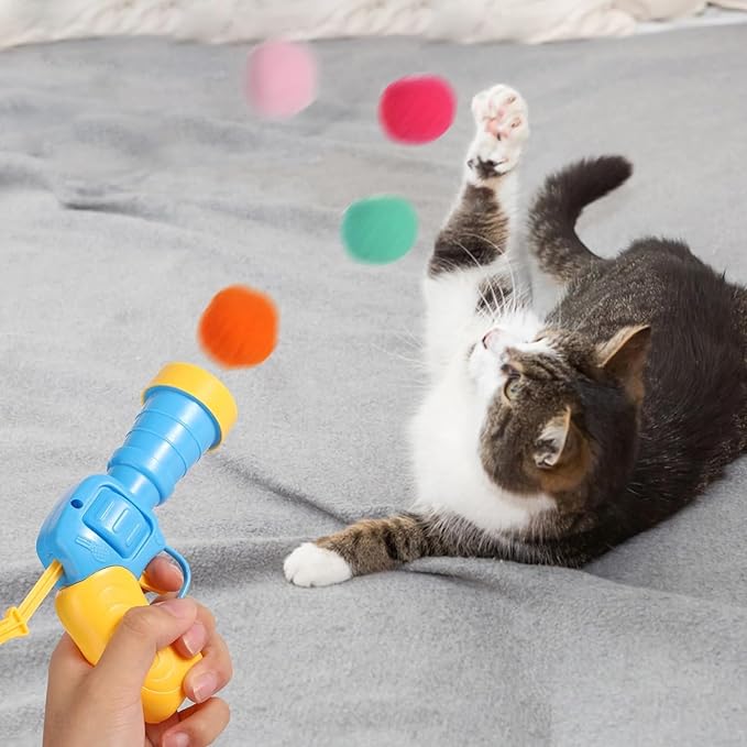 31Pcs Cat Ball Toy Launcher Gun, Cat Balls Fetch Toy, 30Pcs Plush Fuzzy Balls Launcher Cat Toy for Cats with 1 Gun, Funny Interactive Cat Toys for Bored Indoor Adult Cats, Cute Kitten Kitty Toys - PAWPICO