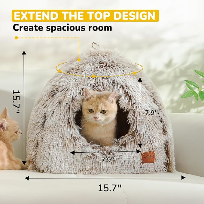 CATISM Cat Bed, Cat Cave for Indoor Cats, Soft Cat Dome, Self-Warming 2 in 1 Foldable Pet Cat House with Washable Cushioned Pillow Calming Fluffy Dog Beds for Small Dogs with Anti-Slip Bottom Brown - PAWPICO