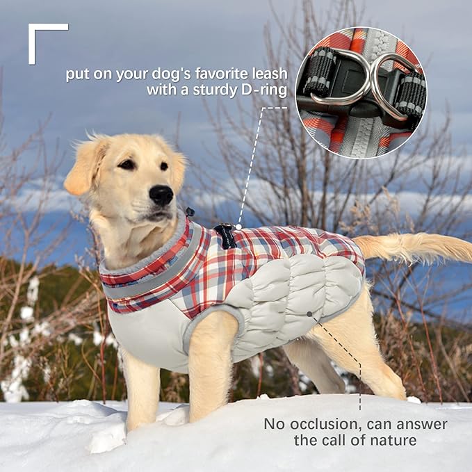 FUAMEY Dog Winter Coat,Dog Jackets with Harness Built in Dog Cold Weather Coats Dog Paded Vest Dog Apparel with Zipper on Back Pet Reflective Clothes for Small Medium Large Dogs Red Plaid S - PAWPICO
