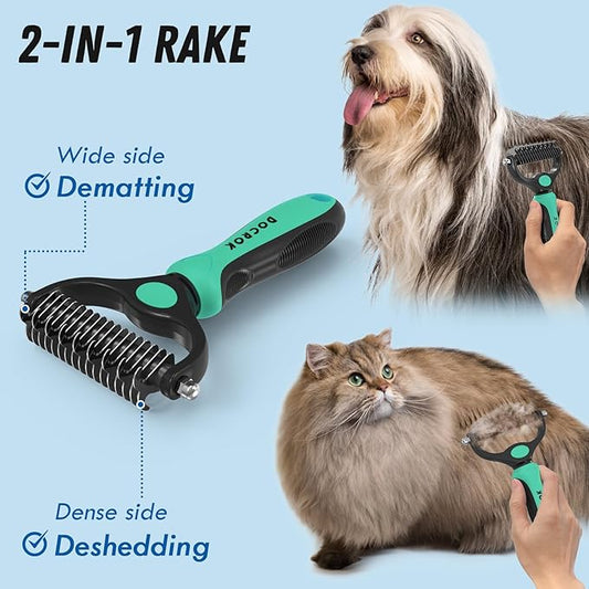 Pet Grooming Brush and Metal Comb Combo, Cat Brush Dog Brush for Shedding, Undercoat Rake for Dogs Grooming, Dematting Deshedding Brush Dogs Shedding Tool for Long matted Haired Pets, Green - PAWPICO