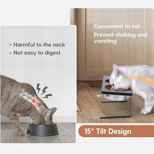Elevated Cat Bowls, 15° Tilted Raised Cat Food Bowls Wood Pet Bowls with Stand Anti Vomiting 2 Stainless Steel Bowls for Cats and Puppy - PAWPICO