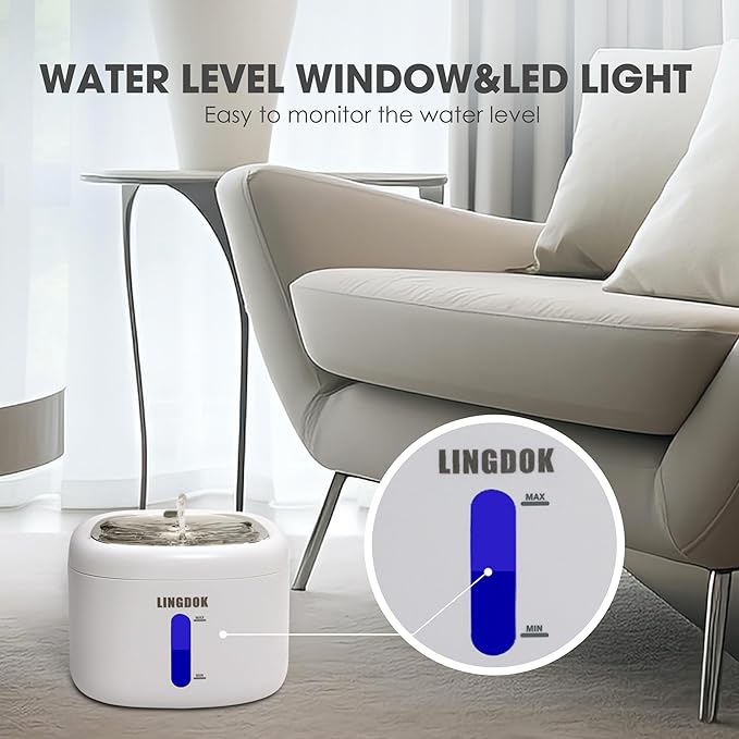 Cat Water Fountain - 2.2L Cat Fountain with Stainless Steel Drinking Tray, Ultra-Quiet 25dB Pet Water Fountain with LED Light and Water Level Window, Water Fountains for Cats Indoor - PAWPICO