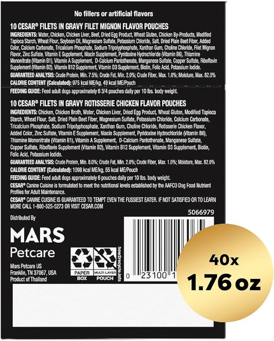 Cesar Filets in Gravy Wet Dog Food Filet Mignon Flavor and Rotisserie Chicken Flavor Variety Pack, 1.76 oz. Mini-Pouches, 20 Pack (Pack of 2) - PAWPICO