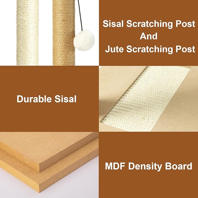 PAWSFANS Small Cat Scratching Post Toys,Sisal Jute 2 Scratch Posts for Kittens and Cats,Hanging Ball with Feather Spring Ball 16inches Beige - PAWPICO