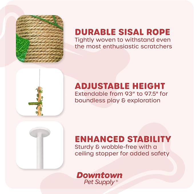 Downtown Pet Supply 4-Level Tall Cat Tower for Indoor Cats, Synthetic Grass - Tightly Woven Sisal Rope Cat Scratching Post with Stable Wooden Base - Extends from 93-97.5" - PAWPICO