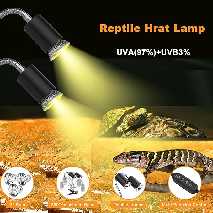 Reptile Heat Lamp,Double-Head Heating Lamp for Reptiles, UVA/B Turtle Lamp with Clamp, Separate Control, Turtle Light,Basking Light for Reptiles Bearded Dragon Turtle Snake, 3 Basking Bulbs. ZJNBMTFY